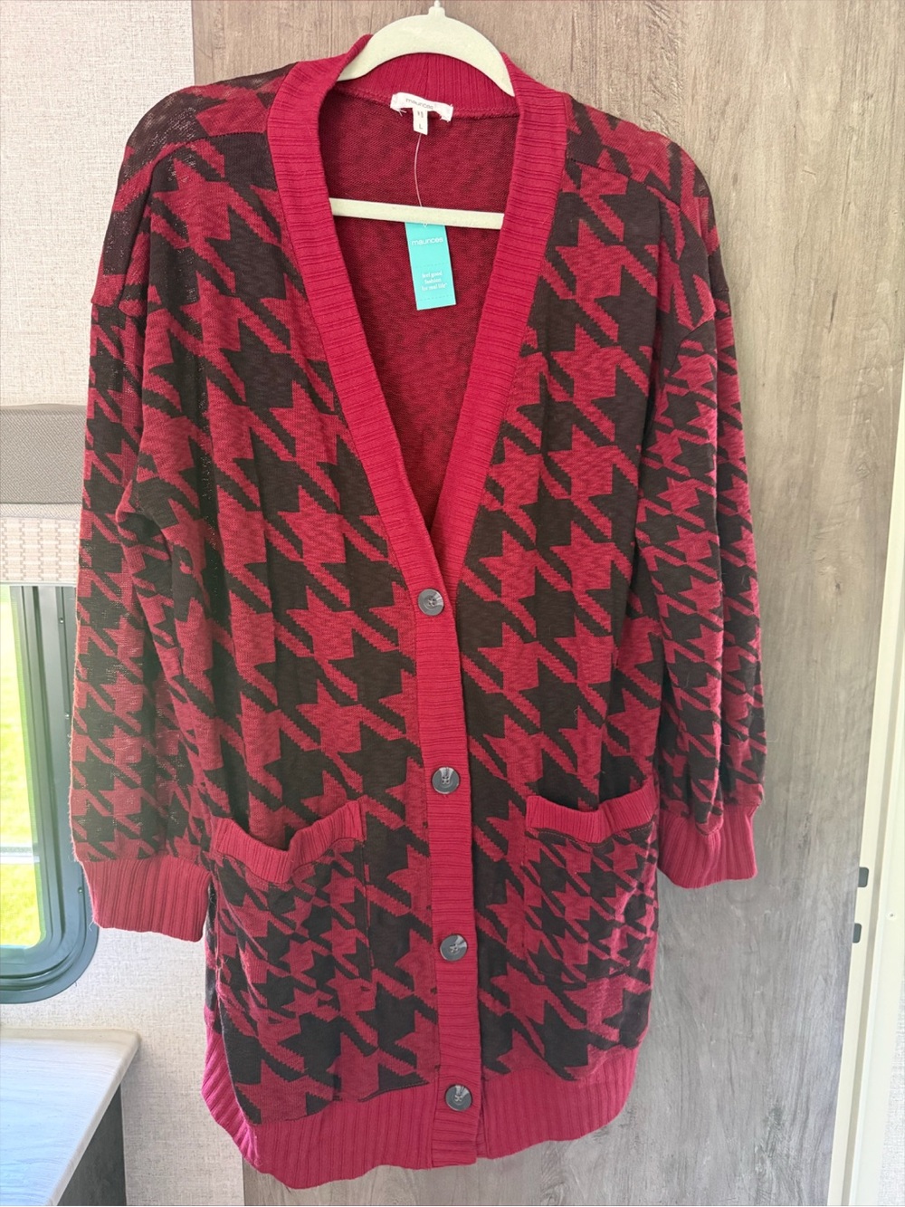 Maurices Red and Black Houndstooth Button Cardigan